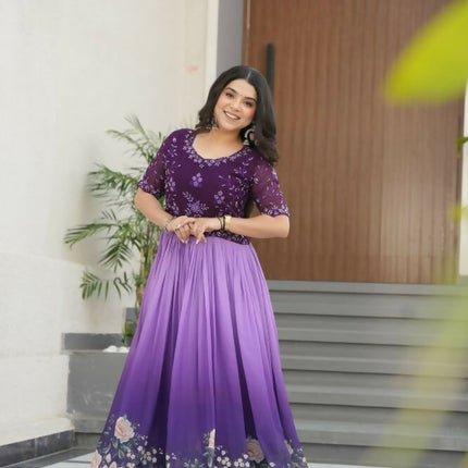 Aastha Fashion Purple Faux Blooming Embroidered work and Rich Floral Pedding Digital Print Party Wear Designer Gown