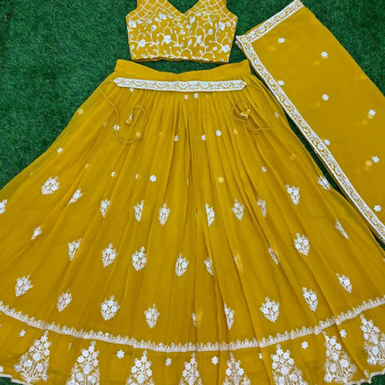 Aastha Fashion Mustard Yellow Heavy Georgette Embroidery Thread + Sequence Work Semi Stitched Wedding Wear Lehenga Choli