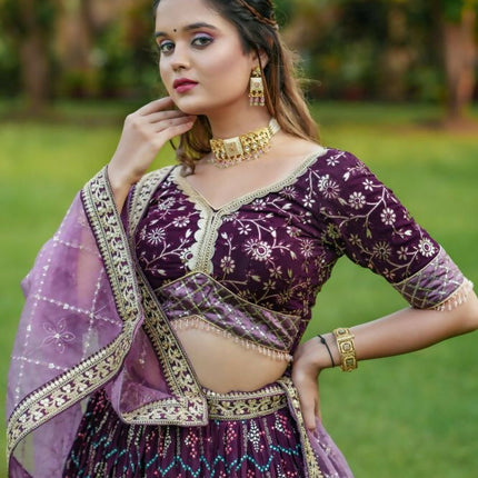 Aastha Fashion Wine Heavy Georgette Fabric Heavy Foil Print + Embroidery Work Belt Semi Stitched Wedding Wear Lehenga Choli