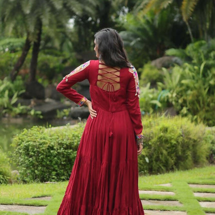 Aastha Fashion Maroon 14 kg Reyon Kutchi Gamthi Work Party Wear Designer Gown