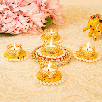 Tied Ribbons Set Of 5 Golden Diwali Dcoration Tealight Candle Holder