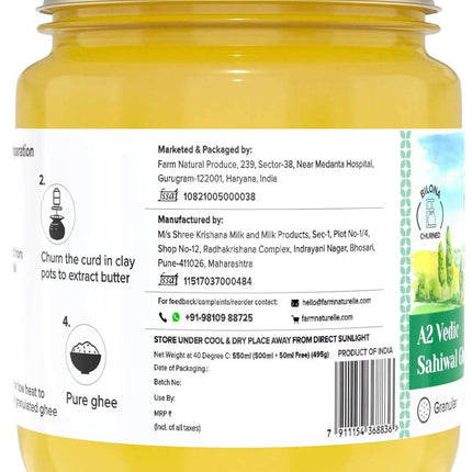 Farm Naturelle A2 Vedic Sahiwal Ghee - Desi Cow Ghee | Natural, Healthy, and Pure | Cultured Cow Ghee