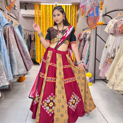 Aastha Fashion Maroon Maslin / Rayon Heavy Print + Gamthi Work Lace + Patch Semi Stitched Wedding Wear Lehenga Choli