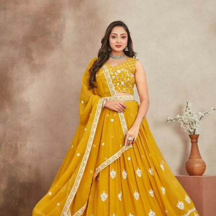 Aastha Fashion Mustard Yellow Heavy Georgette Embroidery Thread + Sequence Work Semi Stitched Wedding Wear Lehenga Choli