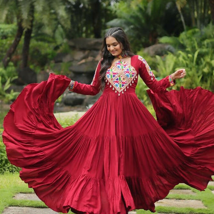 Aastha Fashion Maroon 14 kg Reyon Kutchi Gamthi Work Party Wear Designer Gown