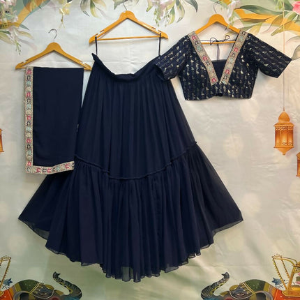 Aastha Fashion Navy Blue Heavy Georgette Pleated Semi Stitched Wedding Wear Lehenga Choli