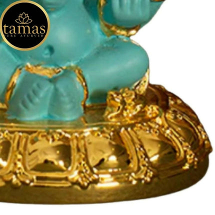 Tamas Gold-Polished Gaj Karna Ganesh Idol Flora Blue & Gold Color