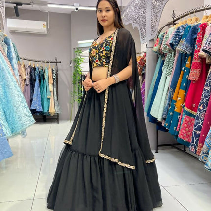 Aastha Fashion Black Heavy Georgette Pleated Semi Stitched Wedding Wear Lehenga Choli
