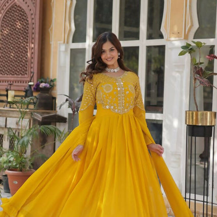 Aastha Fashion Yellow Faux Blooming Embroidery Work Party Wear Designer Gown