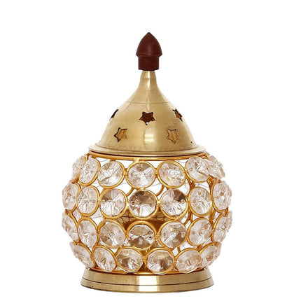 eCraftIndia Gold-Toned & Transparent Crystal & Brass Akhand Diya