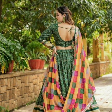 Aastha Fashion Green Gaji Soft Silk Discharge Print + Embroidery Zari / Thread / Sequence Work Lace Semi Stitched Wedding Wear Lehenga Choli