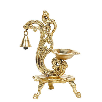 CraftVatika Gold-Toned Brass Handmade Decorative Peacock Design Diya with Bell & Stand