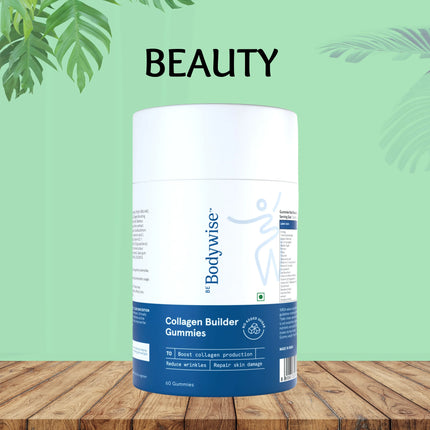 Bodywise Collagen Builder Gummies beauty supplement on wooden surface with green leaves background