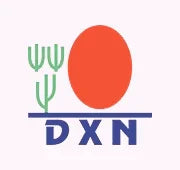 DXN logo with red oval, green cactus graphics, and bold blue text on white background