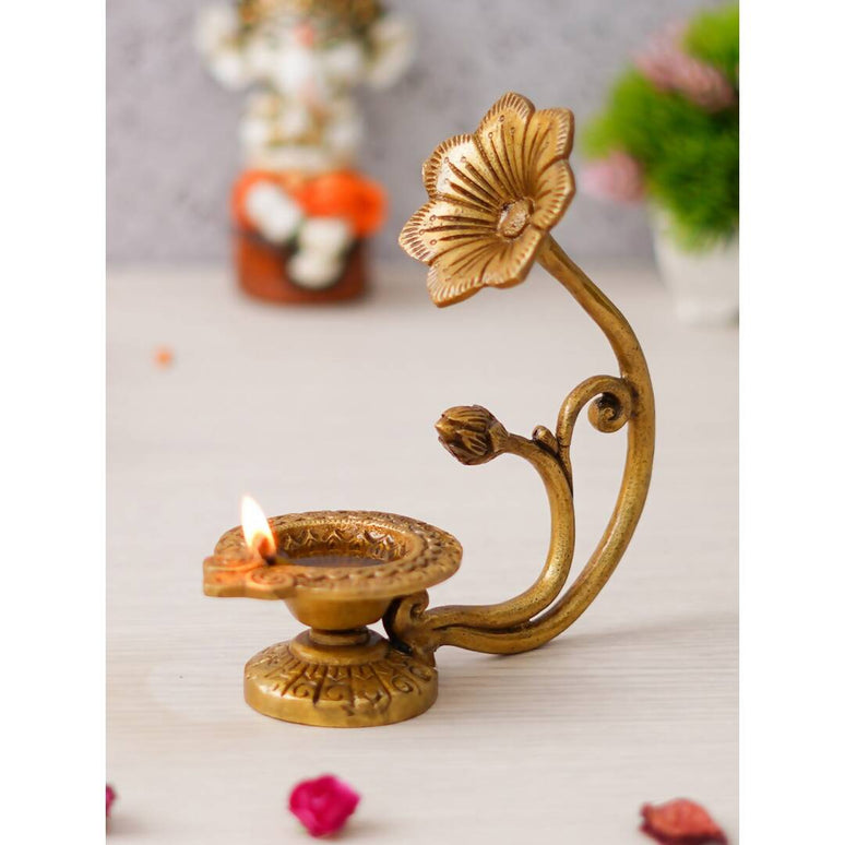 eCraftIndia Gold Toned Flower Shaped Brass Diya With Floral Handle