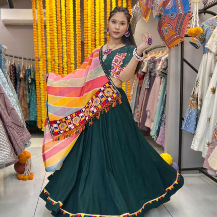 Aastha Fashion Green Rayon Multi Colour Samosa Lace Semi Stitched Wedding Wear Lehenga Choli