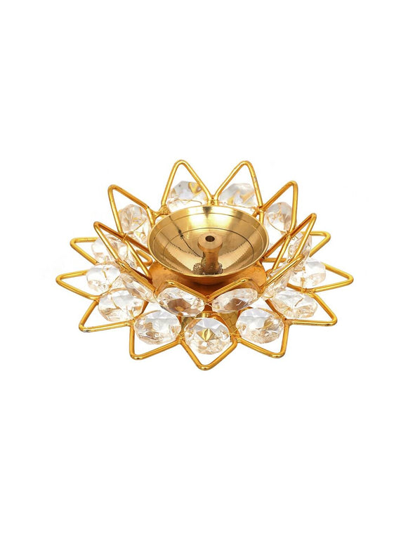 eCraftIndia Gold-Toned & White 2 Pieces Crystal Lotus Shape Brass Diyas