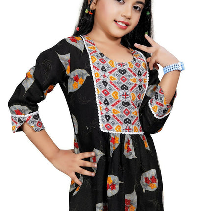 Divine Drape Girls Rayon Black Printed Straight Kids Kurta Set