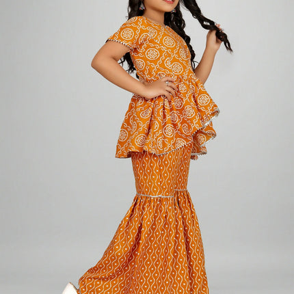 Divine Drape Girls Rayon Yellow Printed Straight Kids Kurta Sharara With Dupatta