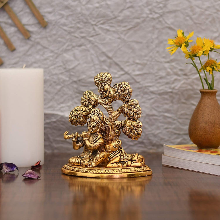 Collectible India Metal Krishna Idols with Cow