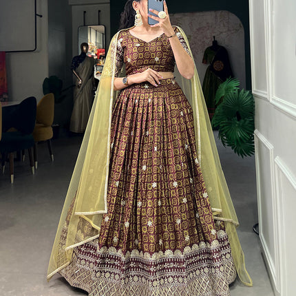 Lorenvalley Brown Chinon Digital Print with Embroidery Sequins Work Lehenga Choli with Dupatta
