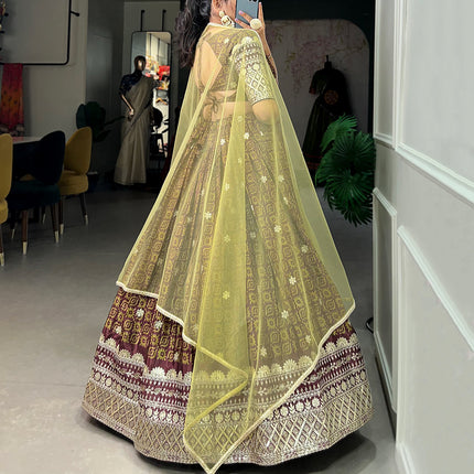 Lorenvalley Brown Chinon Digital Print with Embroidery Sequins Work Lehenga Choli with Dupatta