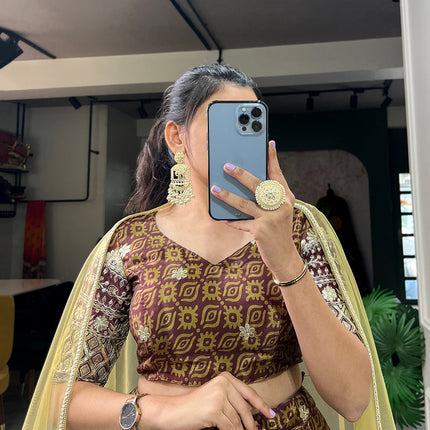 Lorenvalley Brown Chinon Digital Print with Embroidery Sequins Work Lehenga Choli with Dupatta