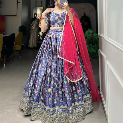 Lorenvalley Lavender Chinon Digital Print with Embroidery Sequins Work Lehenga Choli with Dupatta