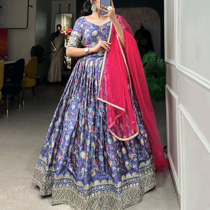 Lorenvalley Lavender Chinon Digital Print with Embroidery Sequins Work Lehenga Choli with Dupatta