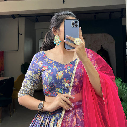 Lorenvalley Lavender Chinon Digital Print with Embroidery Sequins Work Lehenga Choli with Dupatta