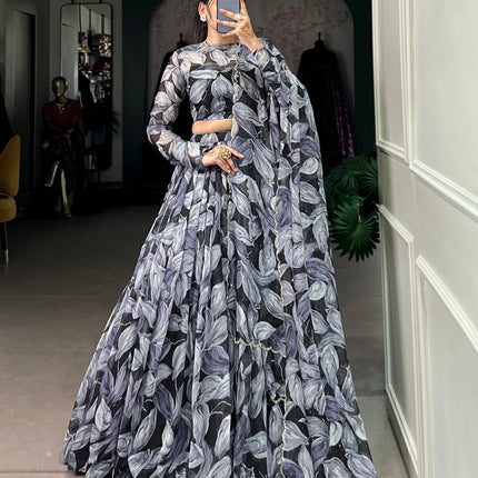 Lorenvalley Black Tabby Silk Printed with Hotfix Lehenga Choli with Dupatta