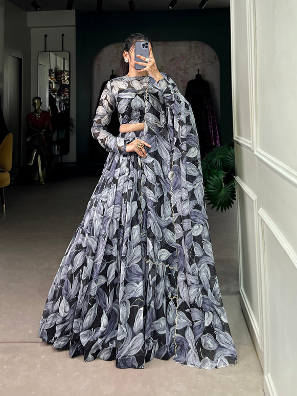 Lorenvalley Black Tabby Silk Printed with Hotfix Lehenga Choli with Dupatta