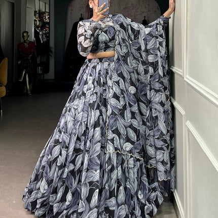 Lorenvalley Black Tabby Silk Printed with Hotfix Lehenga Choli with Dupatta