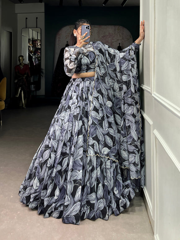 Lorenvalley Black Tabby Silk Printed with Hotfix Lehenga Choli with Dupatta