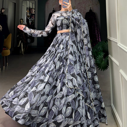 Lorenvalley Black Tabby Silk Printed with Hotfix Lehenga Choli with Dupatta