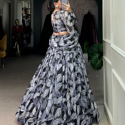 Lorenvalley Black Tabby Silk Printed with Hotfix Lehenga Choli with Dupatta