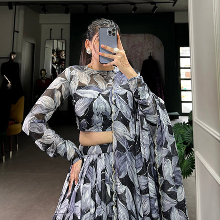 Lorenvalley Black Tabby Silk Printed with Hotfix Lehenga Choli with Dupatta