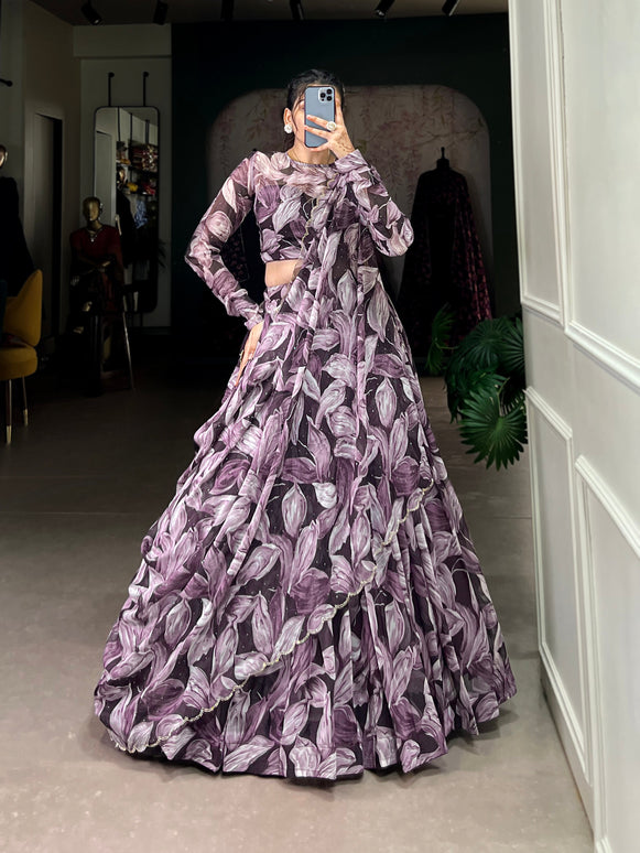 Lorenvalley Coffee Tabby Silk Printed with Hotfix Lehenga Choli with Dupatta