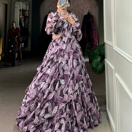 Lorenvalley Coffee Tabby Silk Printed with Hotfix Lehenga Choli with Dupatta