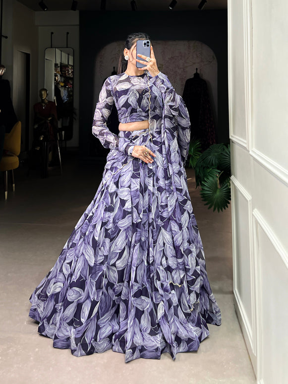 Lorenvalley Navy Blue Floral Print With Lace Touch Up Lehenga Choli with Dupatta