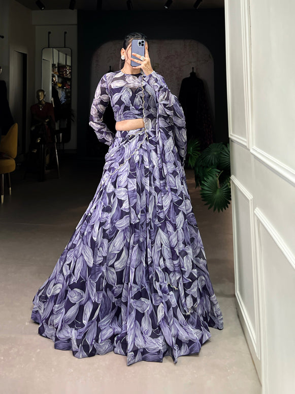 Lorenvalley Navy Blue Floral Print With Lace Touch Up Lehenga Choli with Dupatta