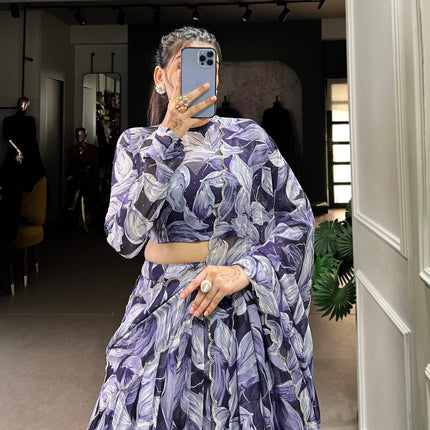 Lorenvalley Navy Blue Floral Print With Lace Touch Up Lehenga Choli with Dupatta