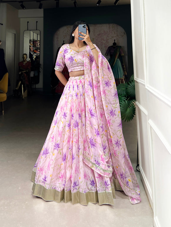 Lorenvalley Pink Tabby Silk Floral Print With Lace Touch Up Lehenga Choli with Dupatta