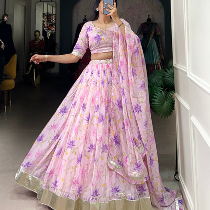 Lorenvalley Pink Tabby Silk Floral Print With Lace Touch Up Lehenga Choli with Dupatta