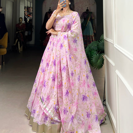 Lorenvalley Pink Tabby Silk Floral Print With Lace Touch Up Lehenga Choli with Dupatta