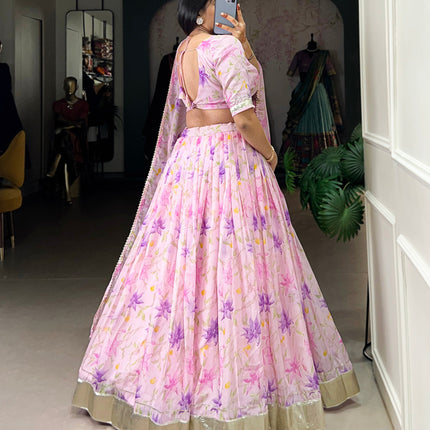 Lorenvalley Pink Tabby Silk Floral Print With Lace Touch Up Lehenga Choli with Dupatta