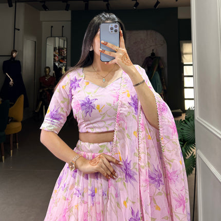 Lorenvalley Pink Tabby Silk Floral Print With Lace Touch Up Lehenga Choli with Dupatta