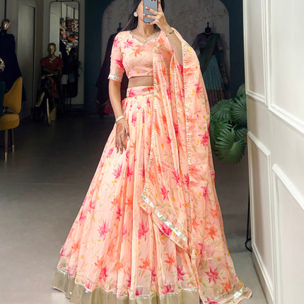 Lorenvalley Peach Tabby Silk Floral Print With Lace Touch Up Lehenga Choli with Dupatta
