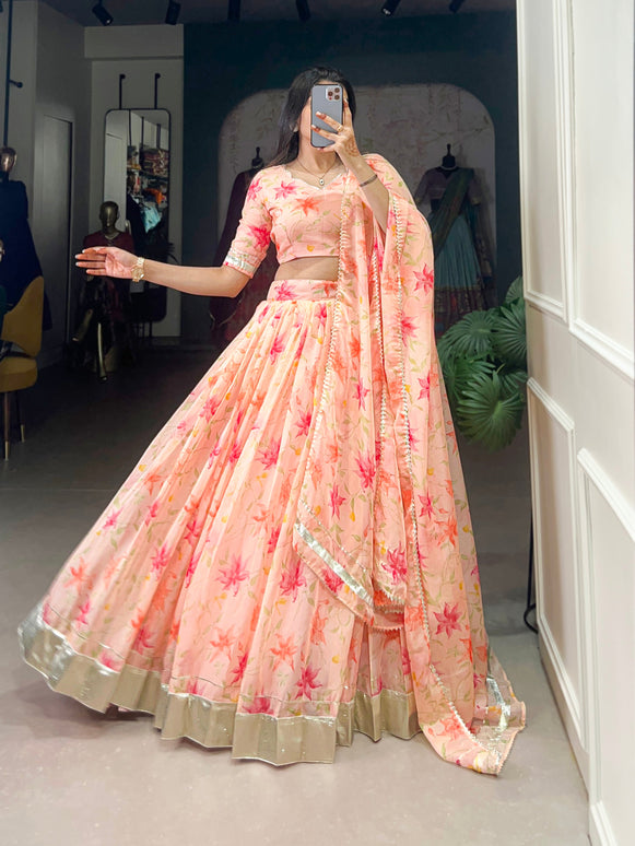 Lorenvalley Peach Tabby Silk Floral Print With Lace Touch Up Lehenga Choli with Dupatta