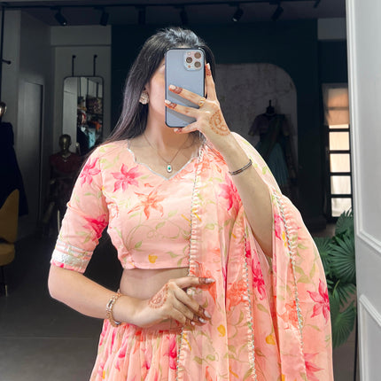 Lorenvalley Peach Tabby Silk Floral Print With Lace Touch Up Lehenga Choli with Dupatta